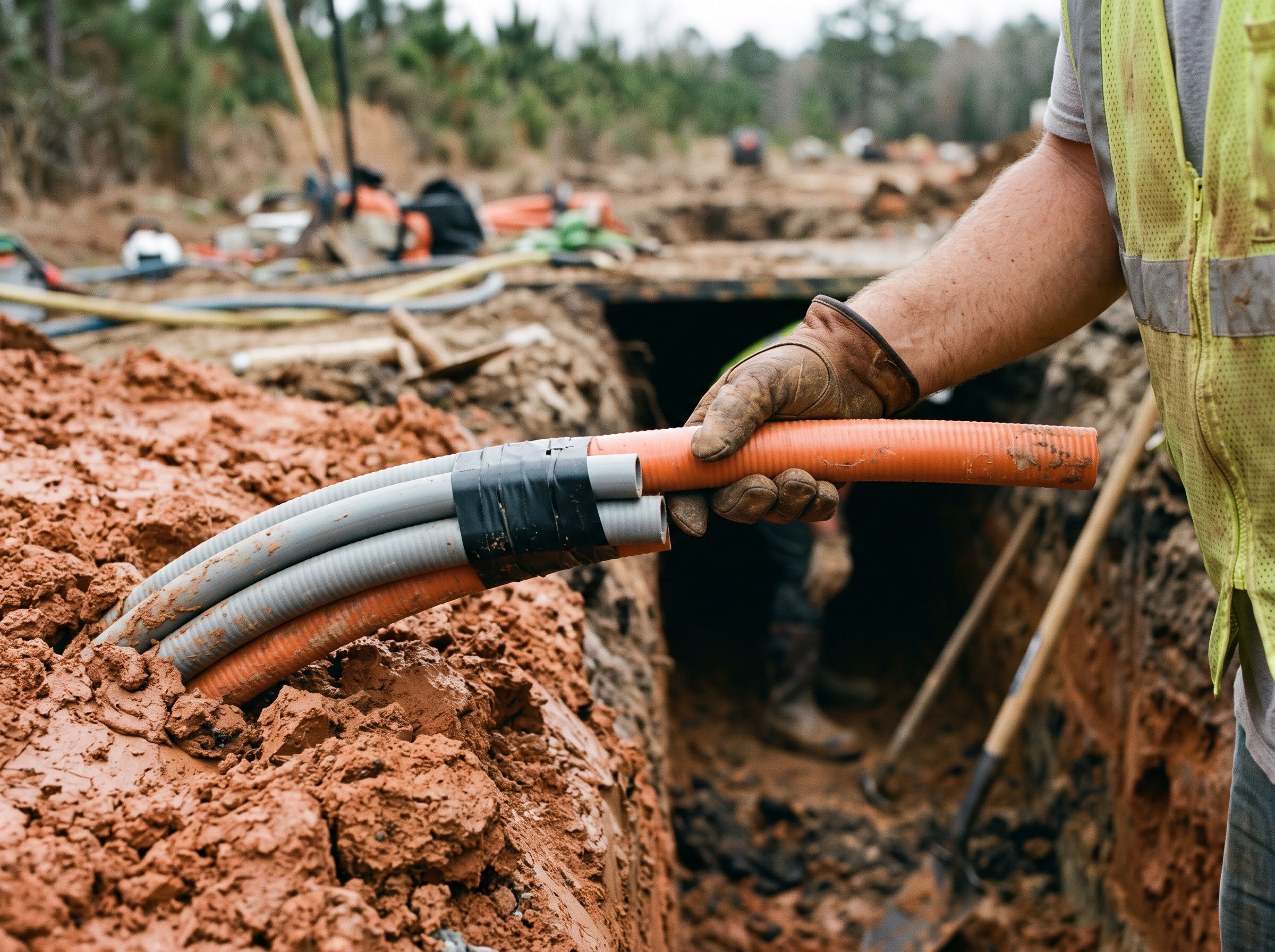 Bundled conduit curving out of red clay at the edge of an open bore pit.