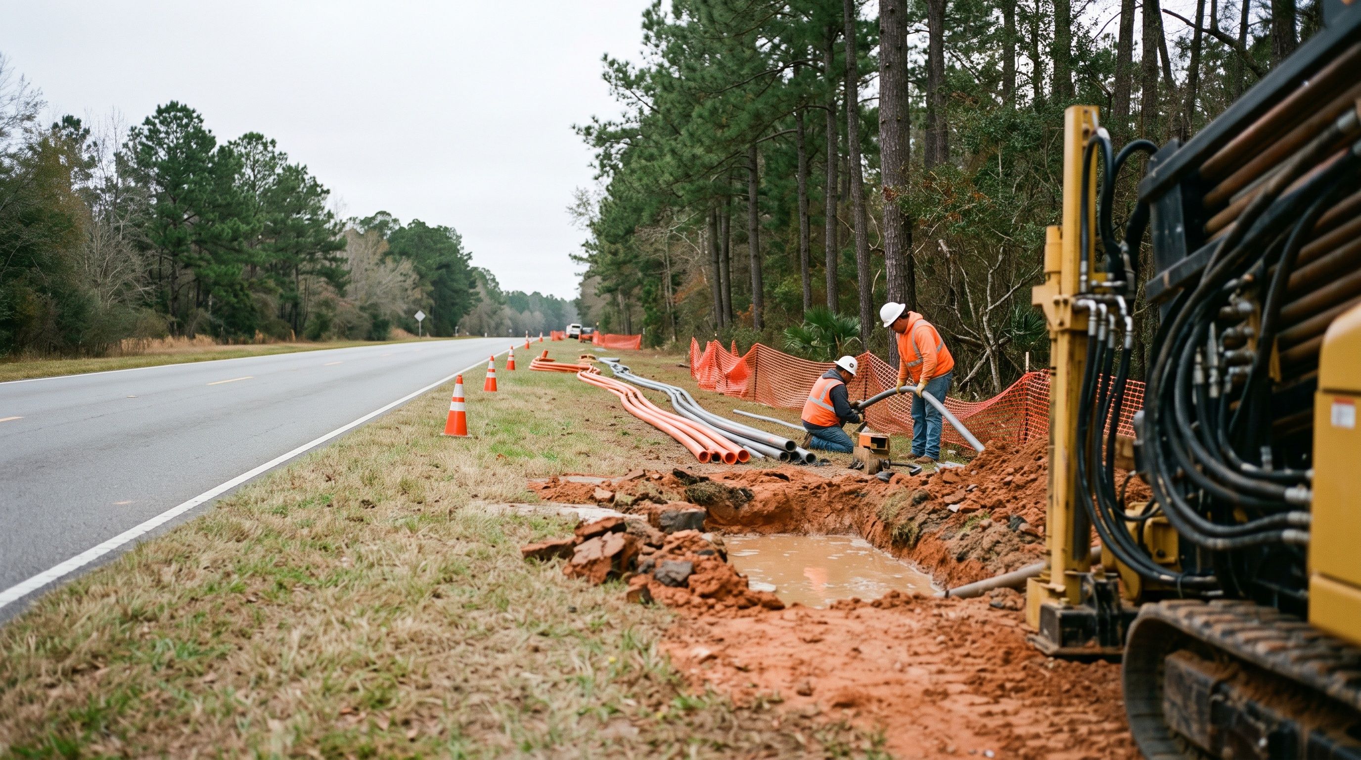 A utility crossing underway on a road shoulder: conduit staged on the verge, an entry pit in red clay, crew in hi-vis.
