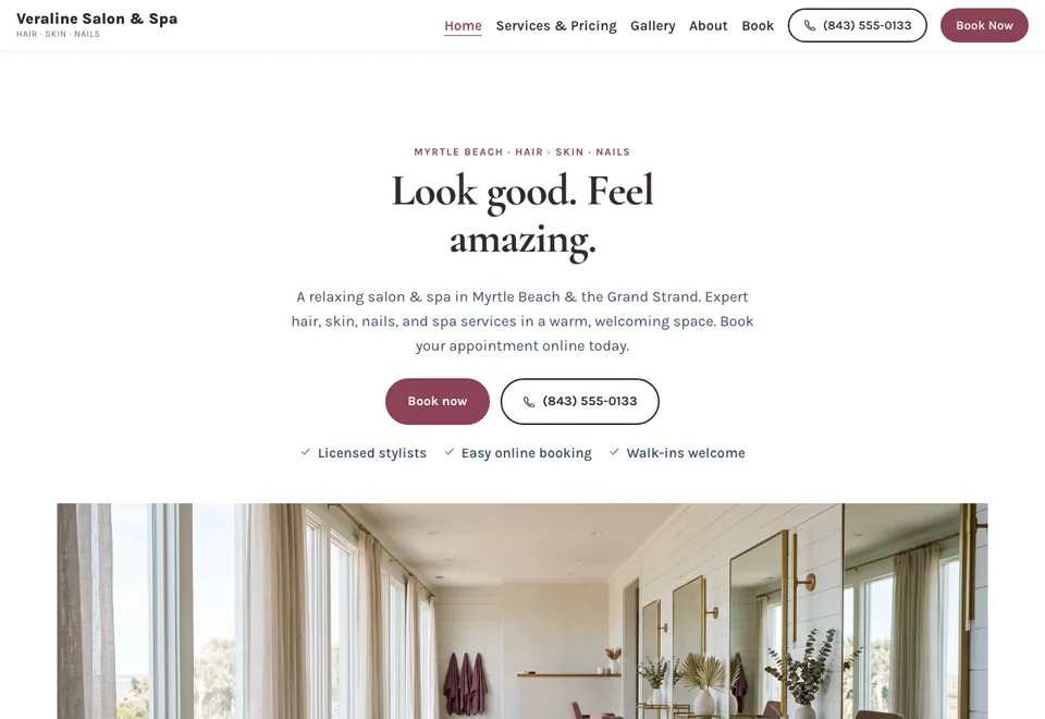 The Veraline Salon and Spa demo home page, showing services and a booking link.