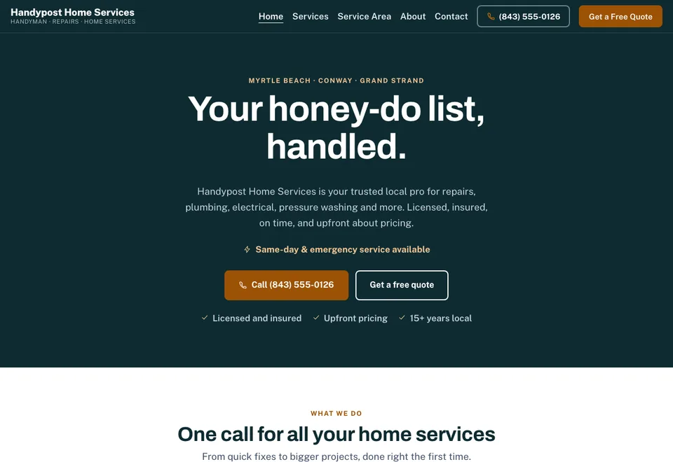 The Handypost Home Services demo home page, showing a handyman site with a call button.
