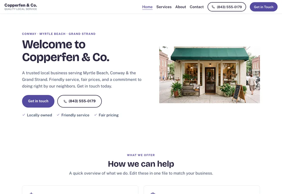 The Copperfen & Co. demo home page, a general-purpose local business site.