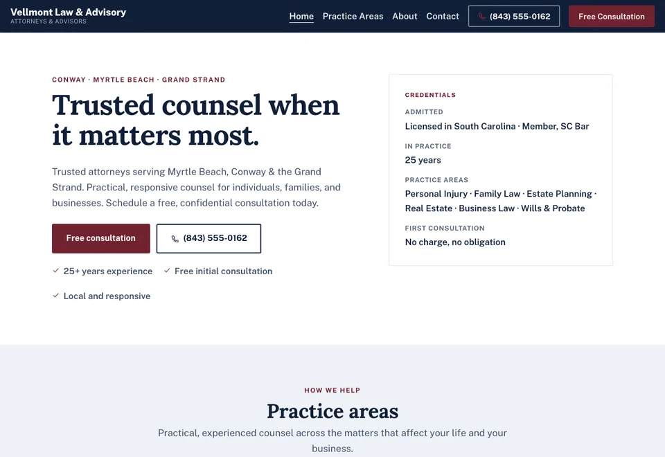 The Vellmont Law and Advisory demo home page, showing an attorney site with practice areas.